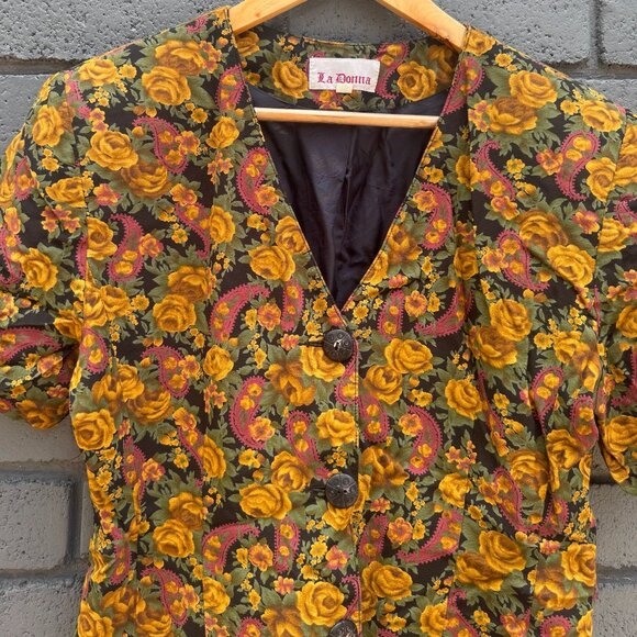 True Vintage 60s 70 La Donna Brown Floral Paisley Dress Suit Jacket Blazer Sz 10 - Picture 2 of 11